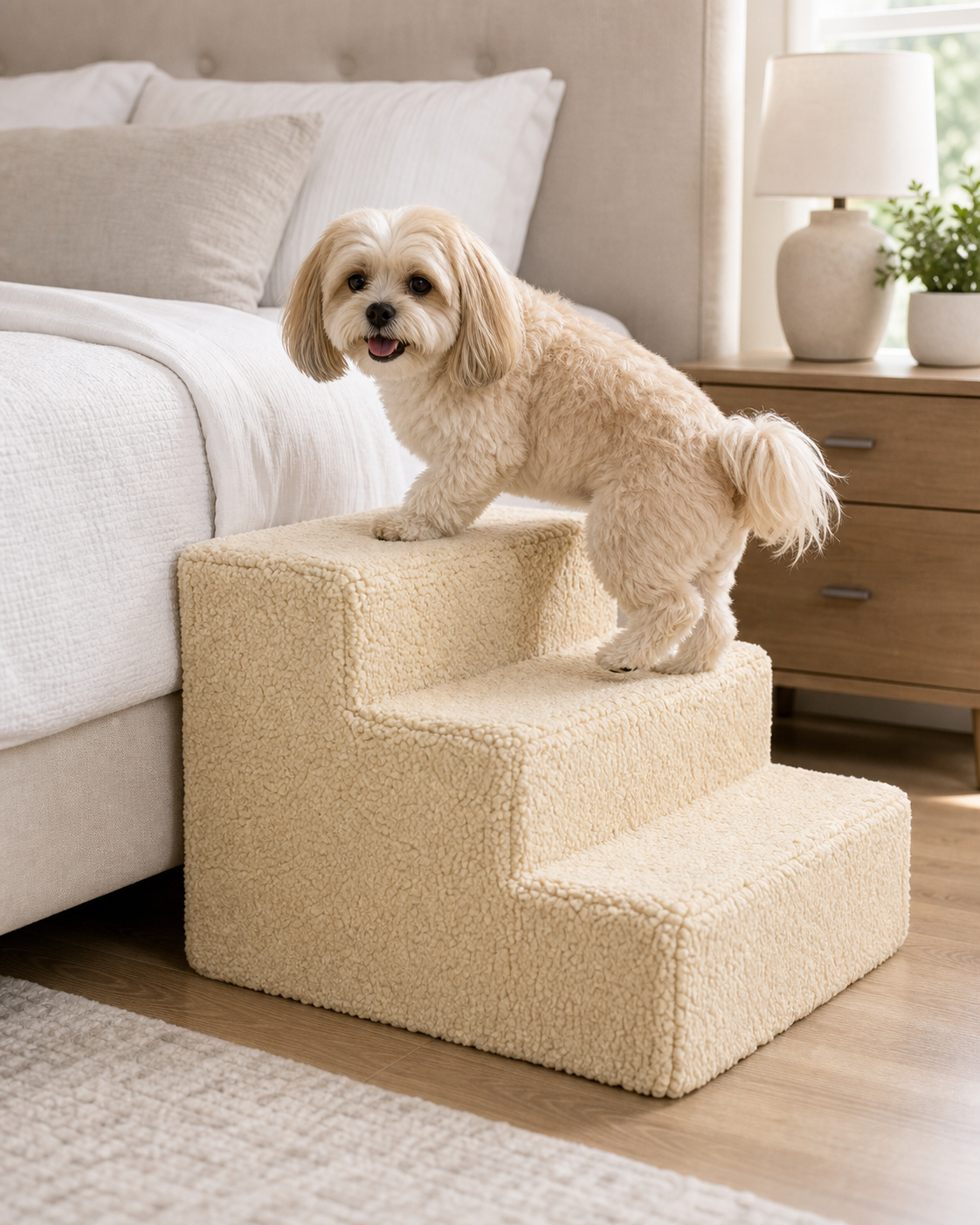 3 Step Portable Dog Stairs For Tall Bed in use