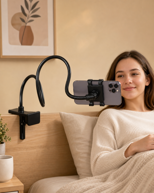 Adjustable Cell Phone Holder For Desk Bed And Mattress in use