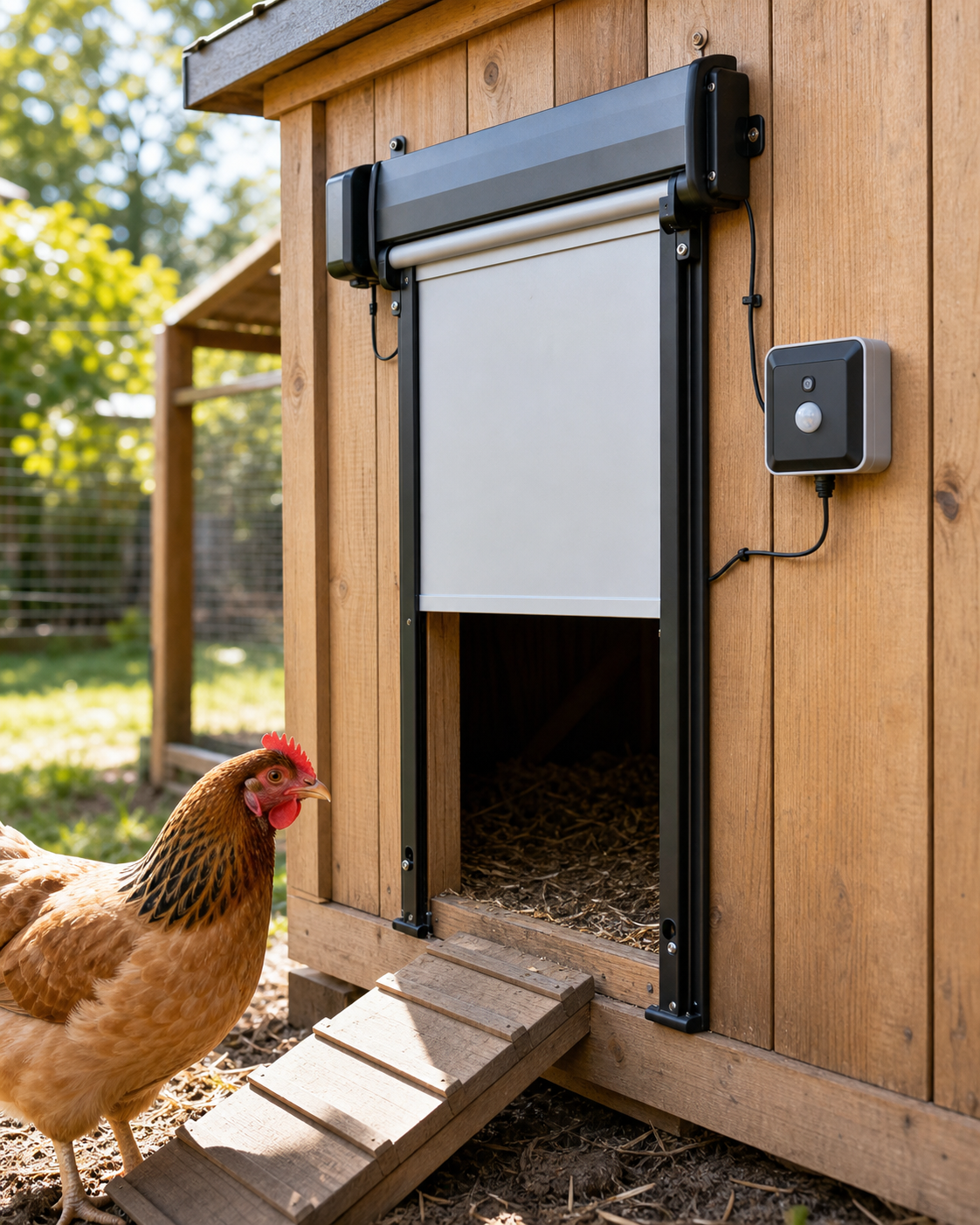 Automatic Chicken Coop Door Opener - Chicken Coop With Light Sensor in use