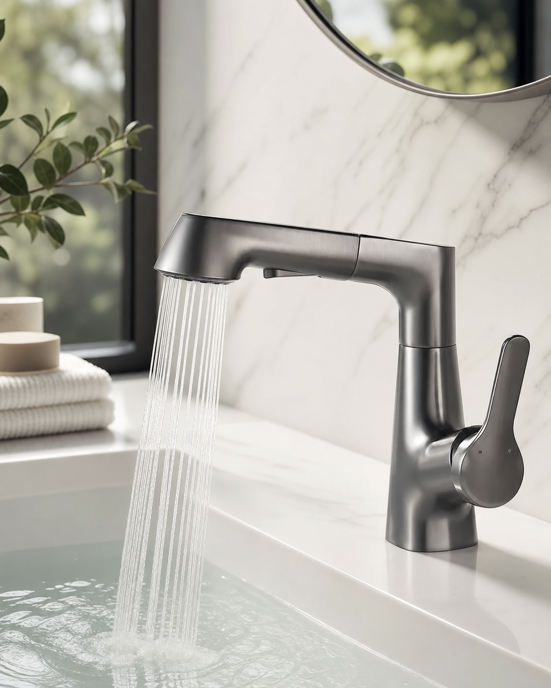 Bathroom Faucet With Rotating Retractable Hand Shower in use