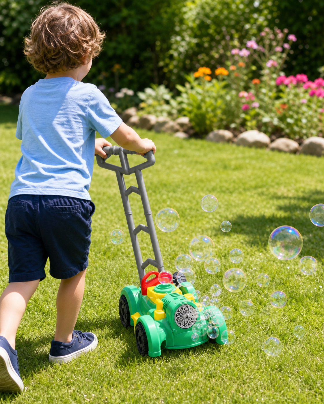 Bubble Lawn Mower Toy in use