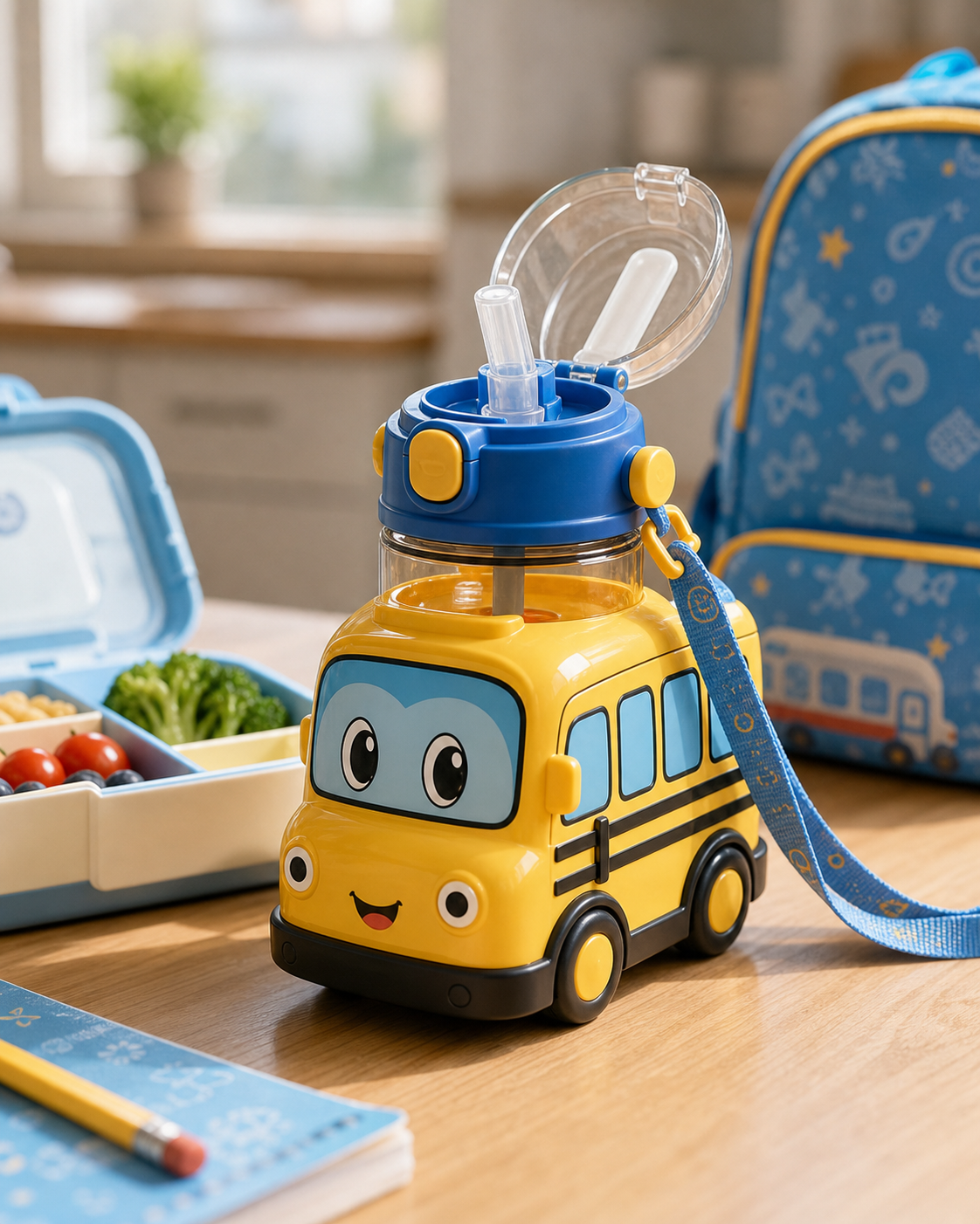 Cartoon Toy Bus Water Bottle with Straw in use