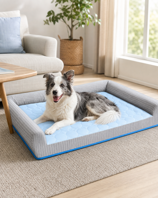 Cooling Dog Bed with Ice Silk Material in use