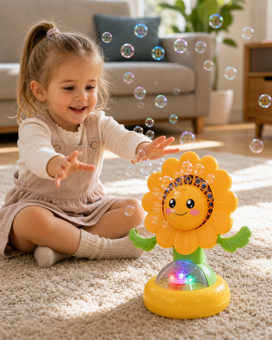 Dancing Sunflower LED Bubble Maker Toy in use