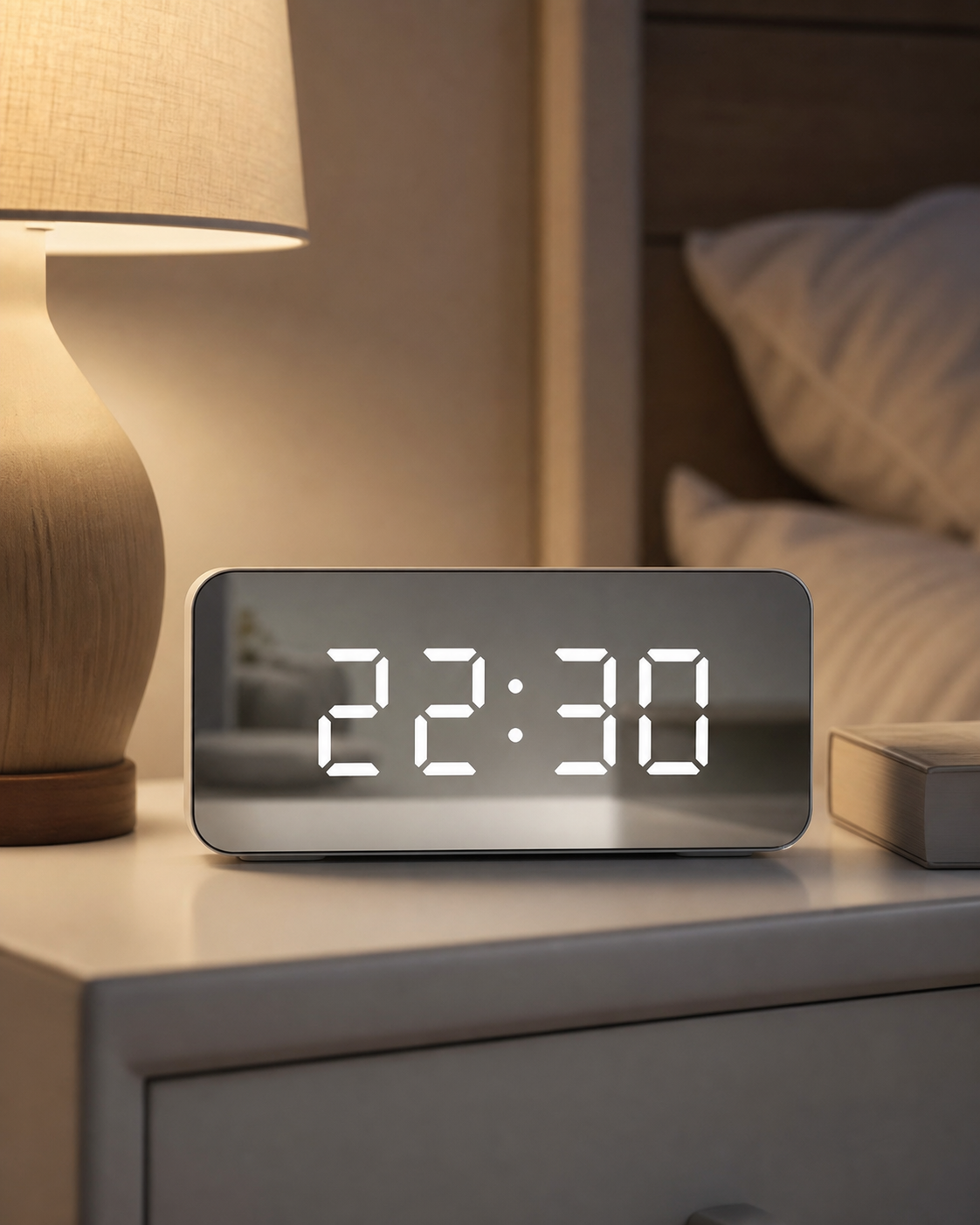 Digital Alarm Clock Smart Mirror Desktop Bedside Nightlight in use