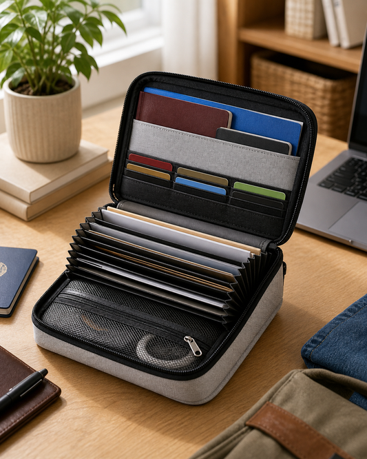 Document Organizer - Multi-Layer Safety Bag with Zipper for Cards, Files, and Travel Storage in use