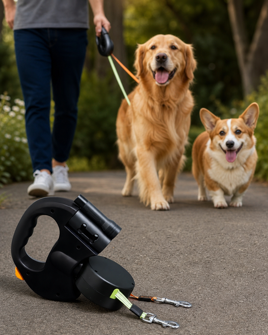 Dual Dog Leash - TangleFree - LED Light & 360° Swivel in use