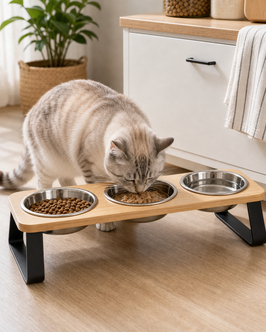Elevated Cat Bowl with 3 Stainless Steel Dishes in use