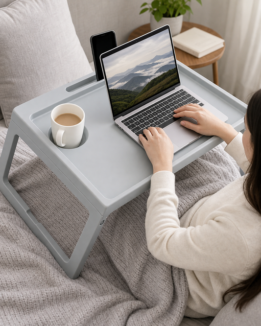 Foldable Bed Serving Tray in use
