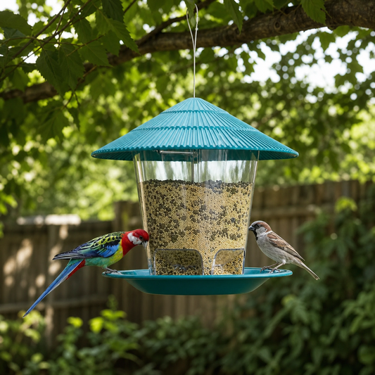 Hanging Bird Feeder with Automatic Seed Dispenser in use