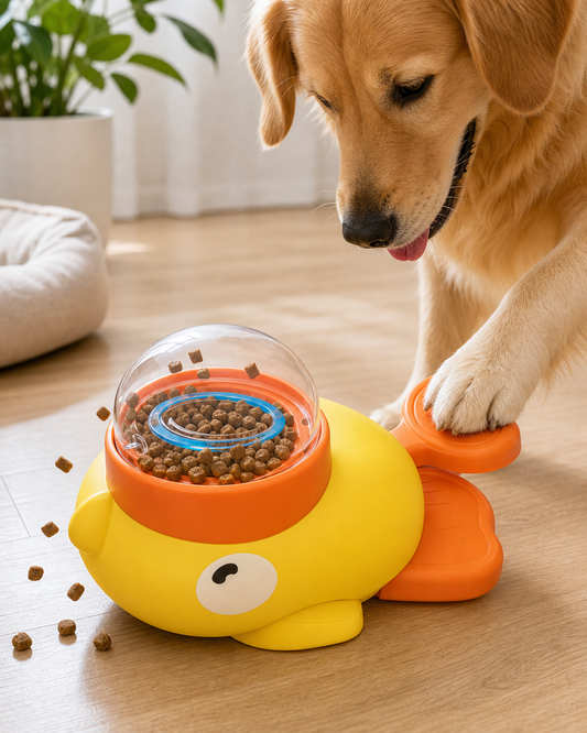Interactive Cartoon Duck Dog Puzzle Feeder in use