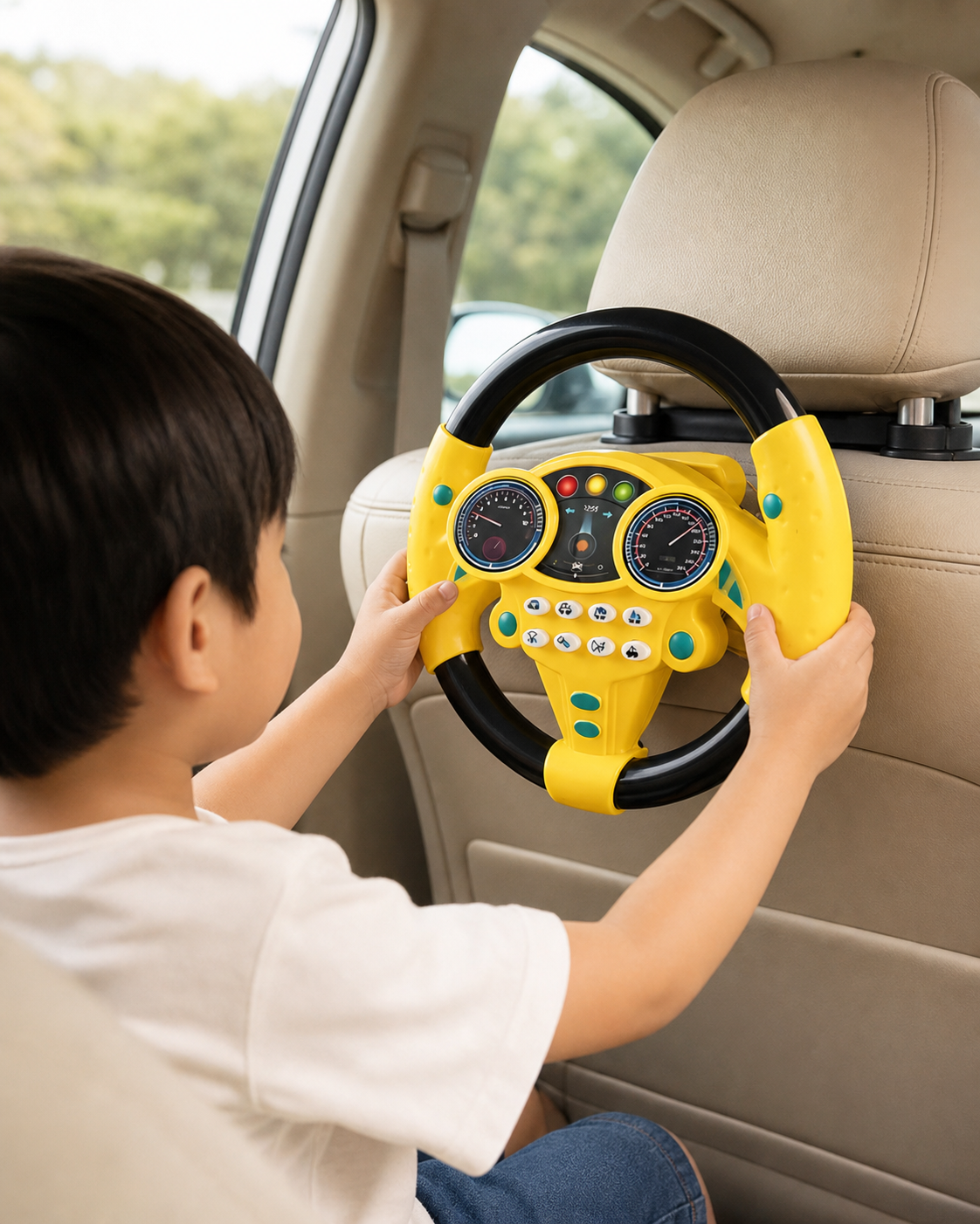Kid's Electric Simulation Steering Wheel Suction Attachment in use