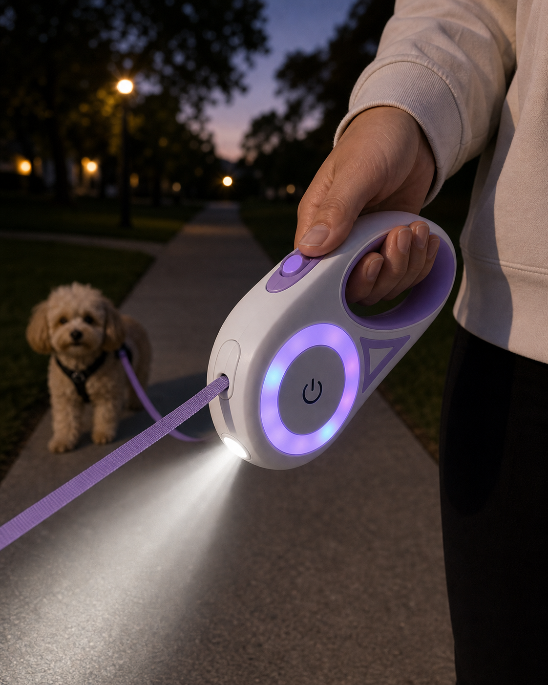 LED Light Retractable Dog Leash with Light in use