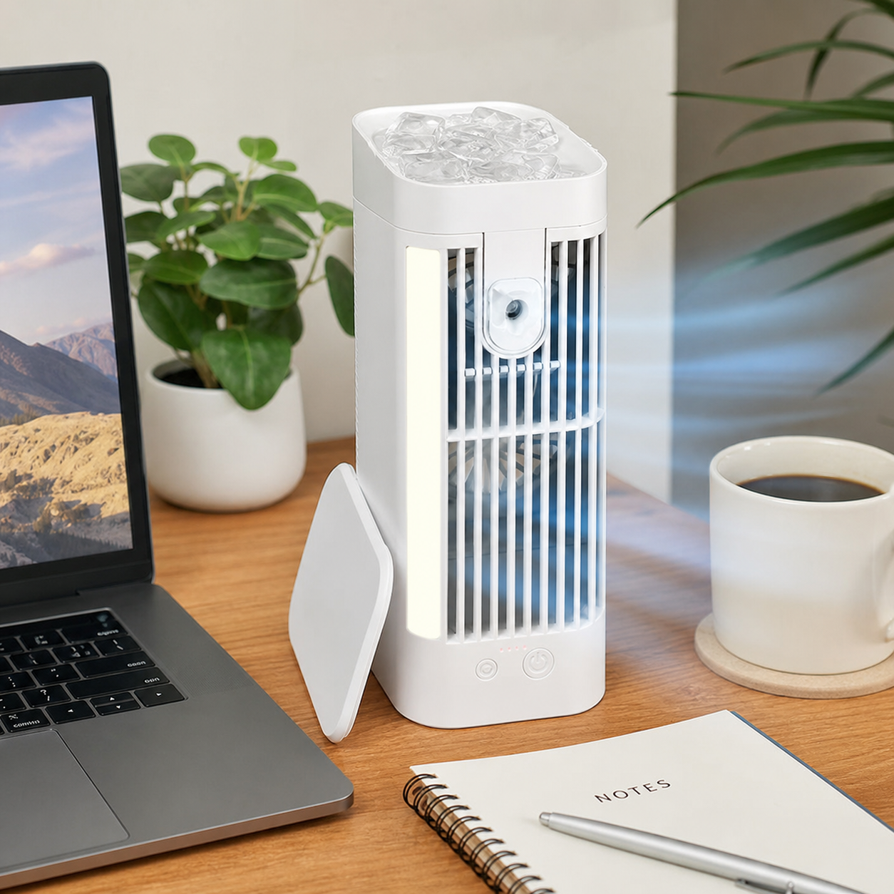 Mini Portable Air Conditioner Desk Fan with Spray Cooling in use