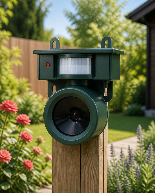 Motion Sensor Bird Deterrent for Crows: Ideal Pigeon Repeller with Sound Scarer in use