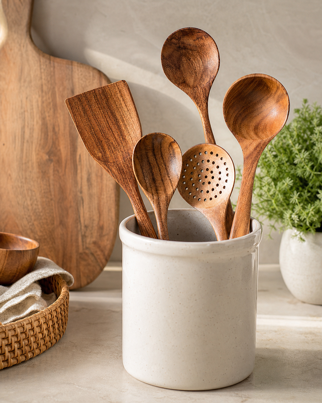 Premium Natural Teak Wood Kitchen Utensils – Eco-Friendly, Non-Toxic Cooking Spoons, Cookware for Home Everyday Use in use