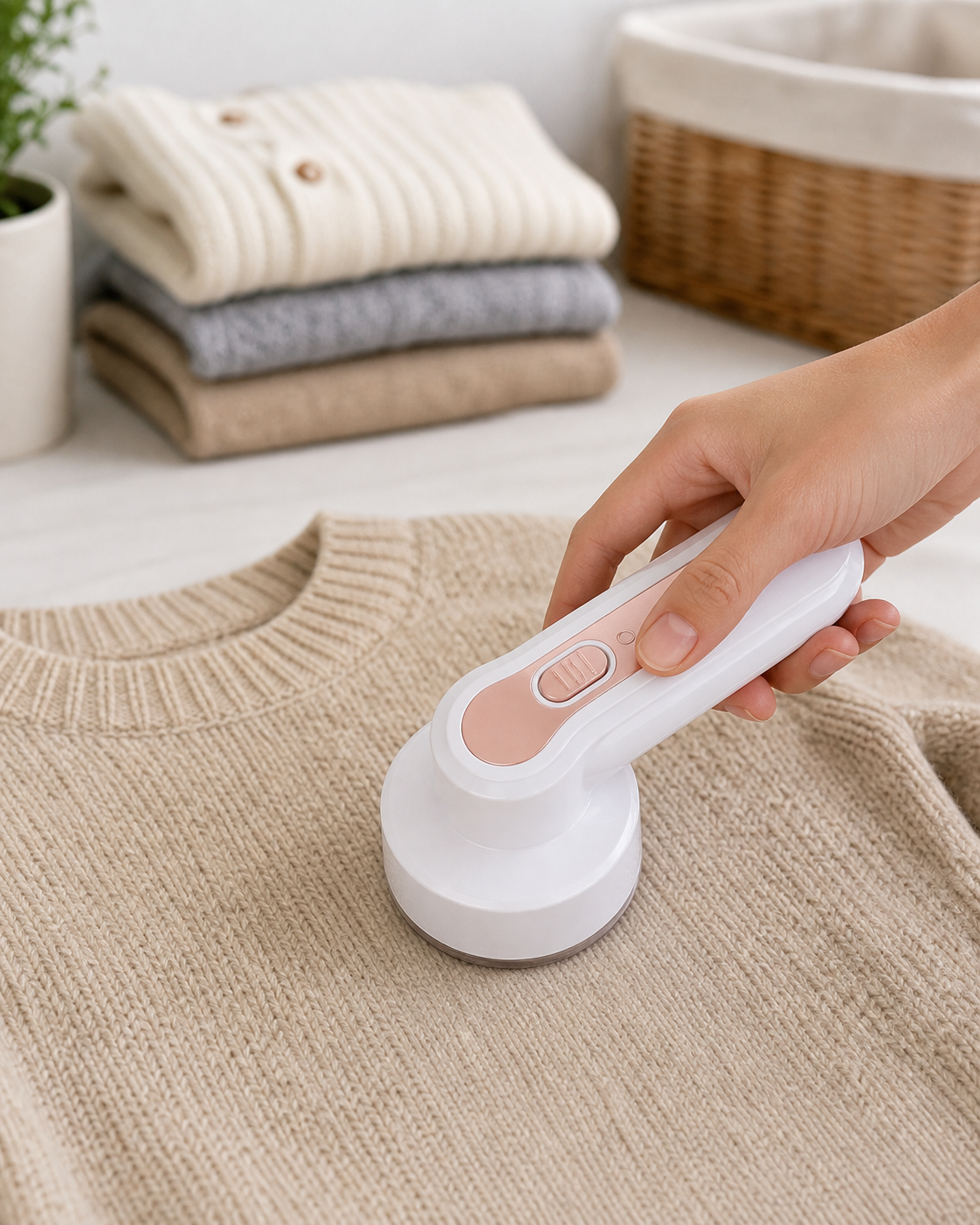 Rechargeable Electric Lint Remover for Clothing, Furniture, and Carpets in use