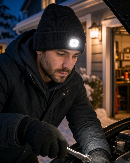 Rechargeable LED Beanie Hat for Winter in use