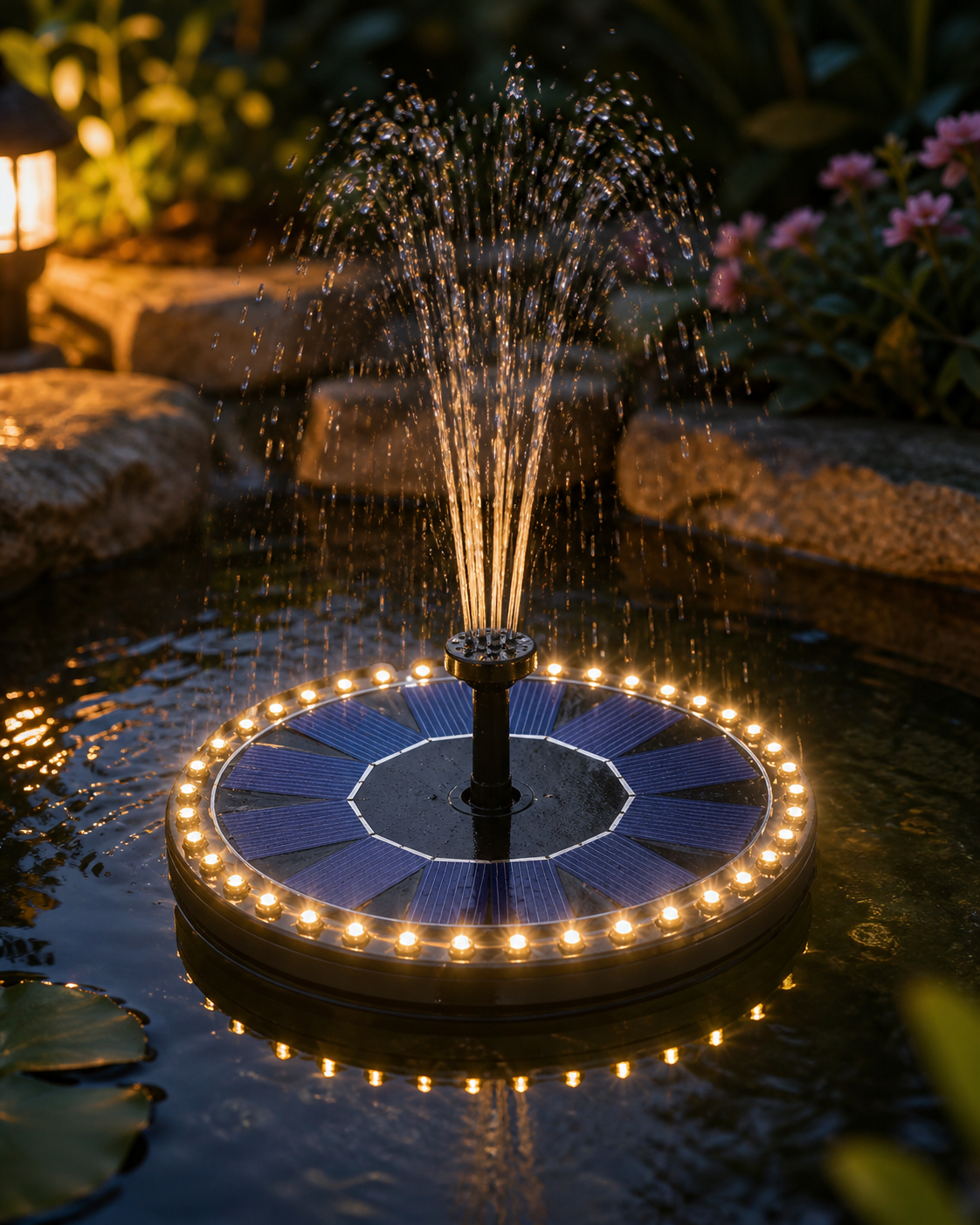 Solar Fountain with 60 LED Lights in use