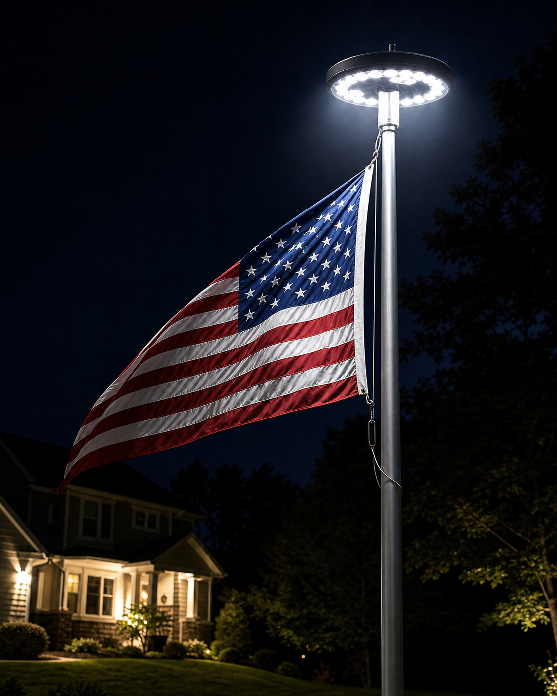 Solar Powered Flagpole Lights - All Night Long Last Flag Pole Lights - LED in use