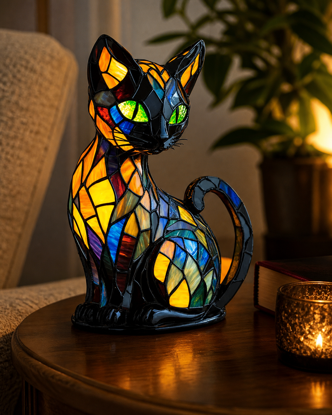 Stained Glass Cat Table Lamp in use