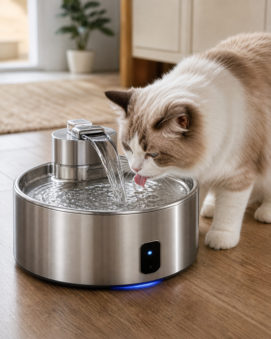Stainless Steel Cat Water Fountain with Filter and Sensor in use